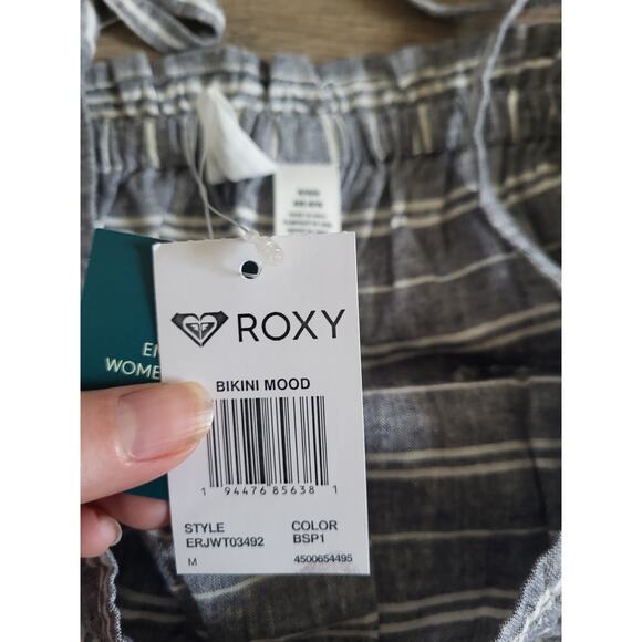 Roxy Gray White Striped Bikini Mood Linen Blend Swim Cover Top M NEW Cropped - Picture 3 of 6